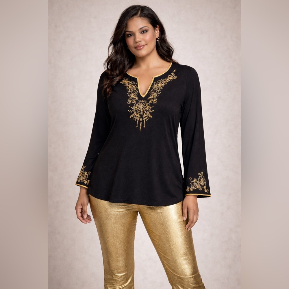 INC International Concepts Black Gold Embroidered Tunic Top Long Sleeve‎